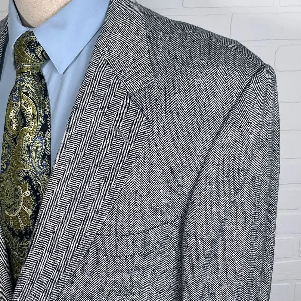 Bachrach Blazer Men‎ 46 Black White Herringbone Silk Tweed Classic Jacket